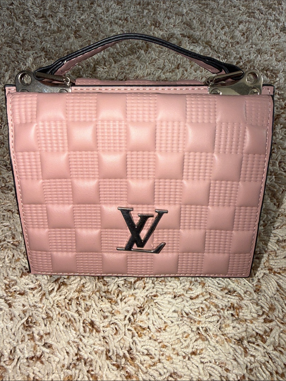 Mini handbag for ladies, pink color with quilted checkered pattern, not original